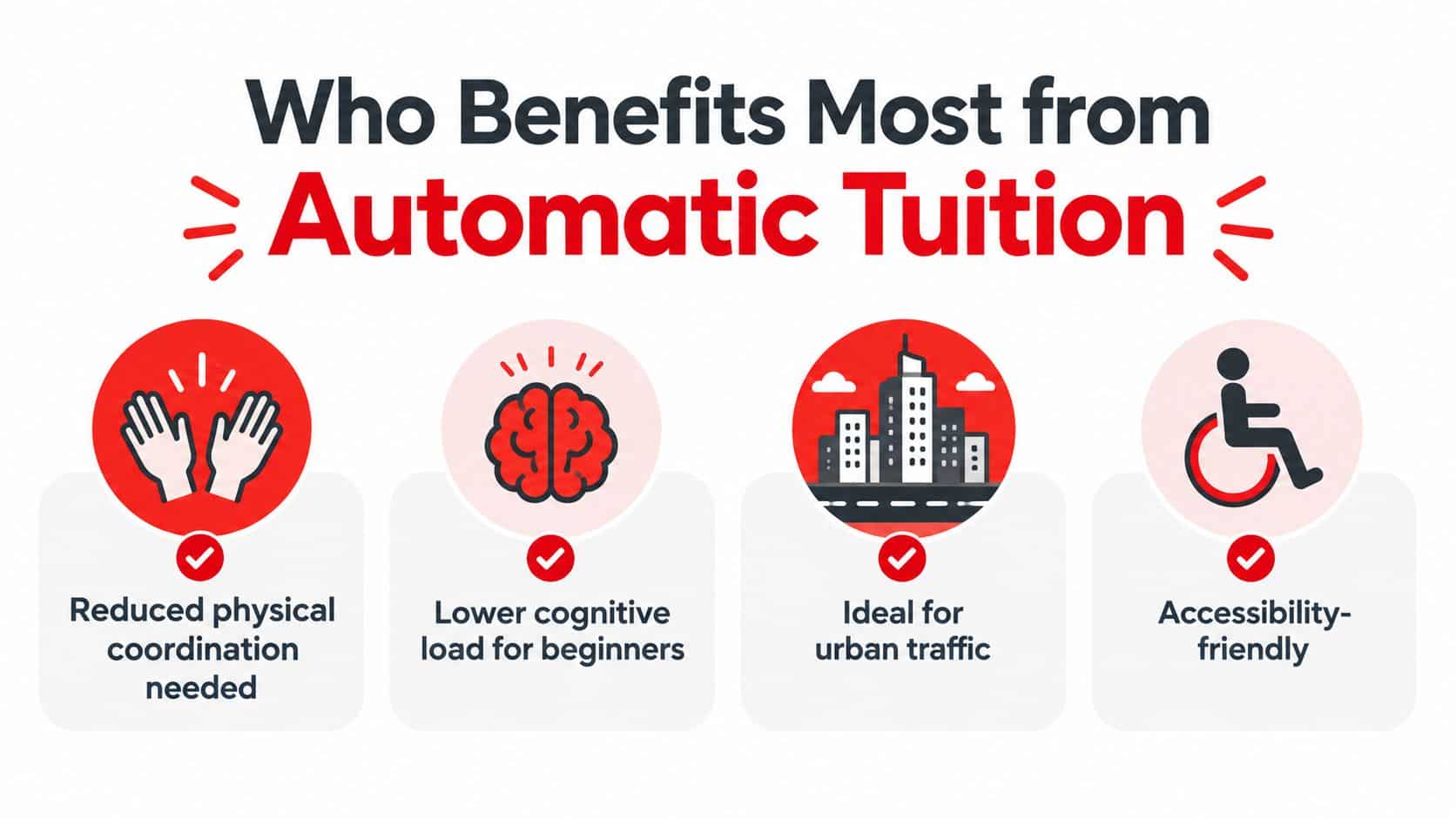 A graphic showing four key benefits of learning to drive in an automatic transmission car.