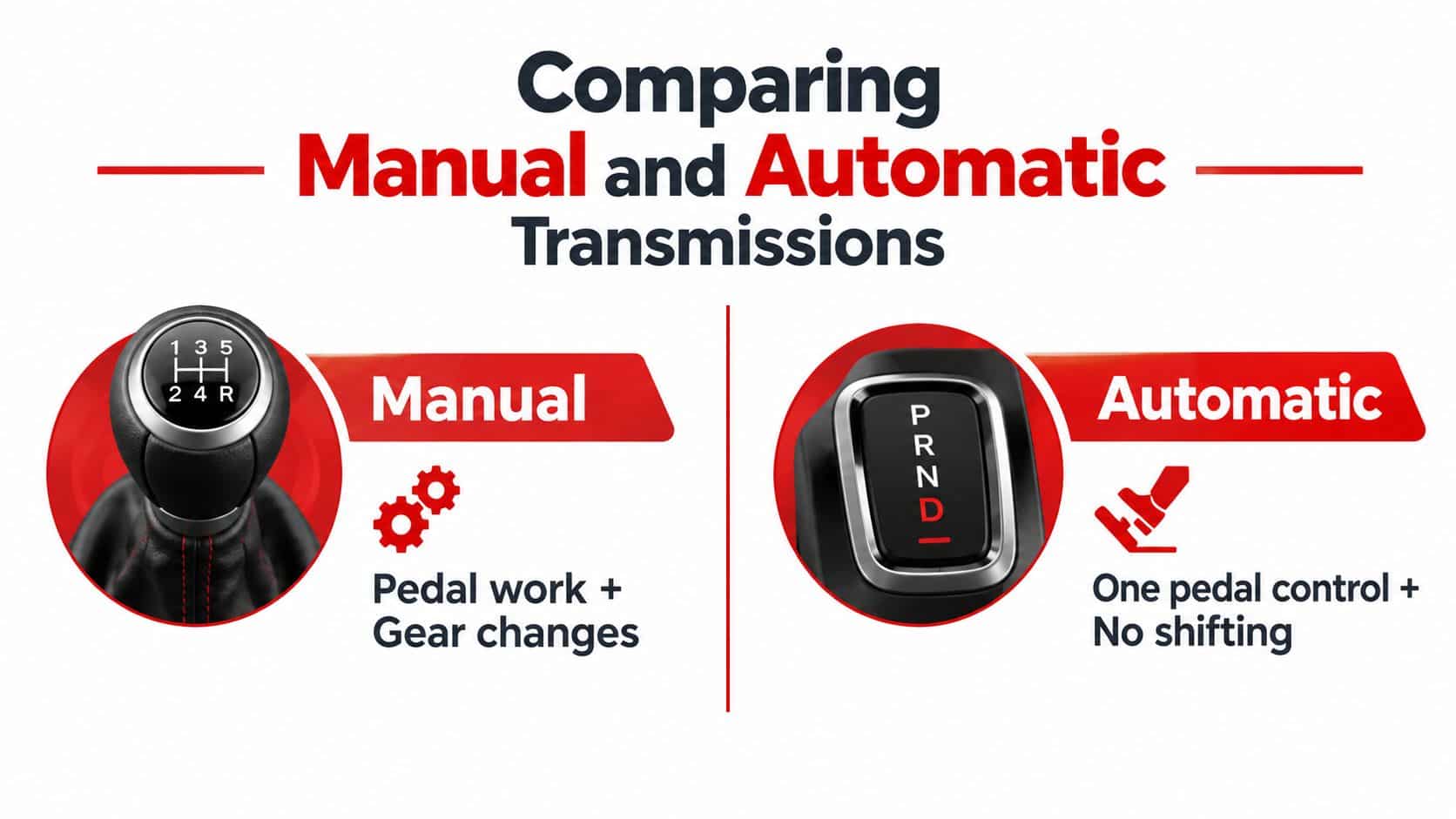 An infographic comparing the features of manual and automatic car transmissions for drivers choosing their preferred style.