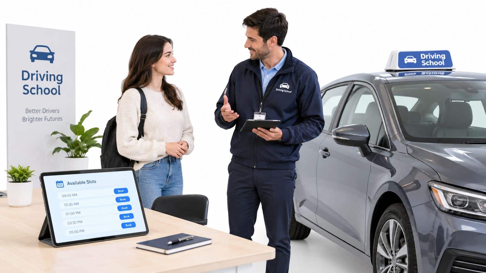 A driving instructor talks with a prospective student in a showroom next to a car.
