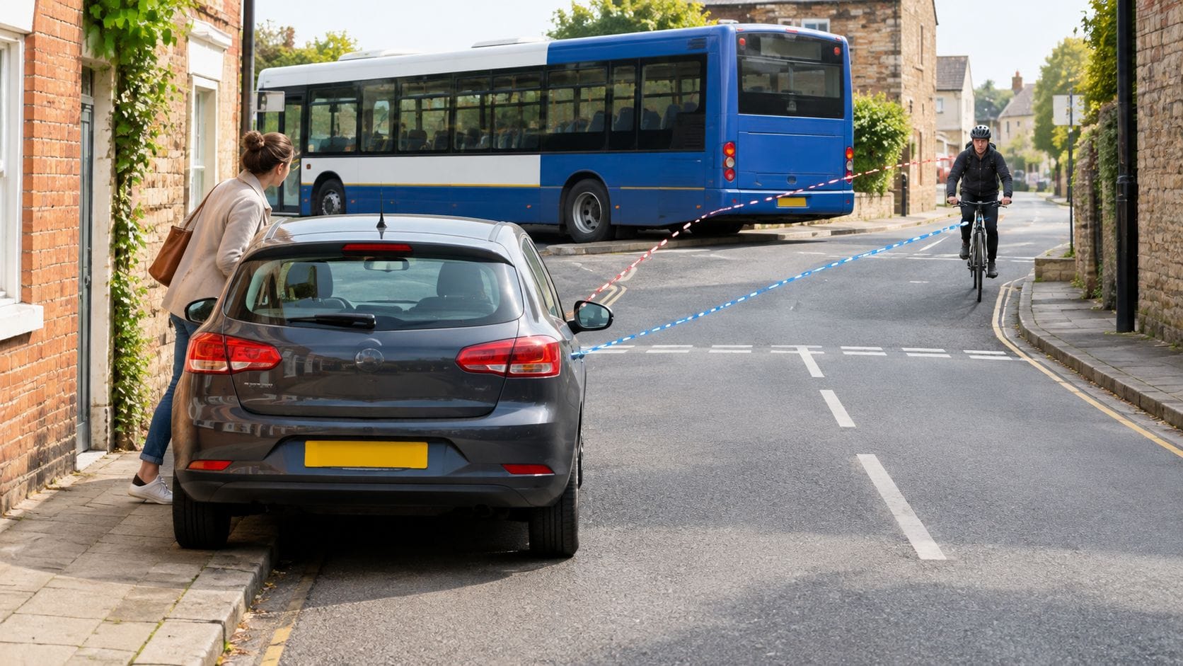 A woman stands by her parked car while a cyclist rides past on a suburban street.