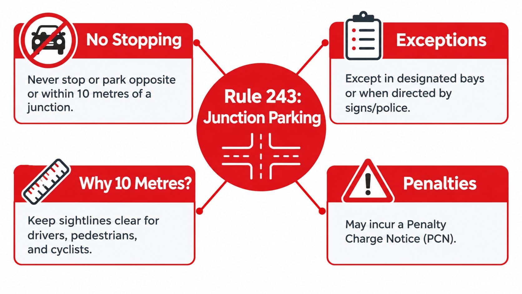 An infographic explaining Rule 243 of the Highway Code regarding parking restrictions near road junctions.