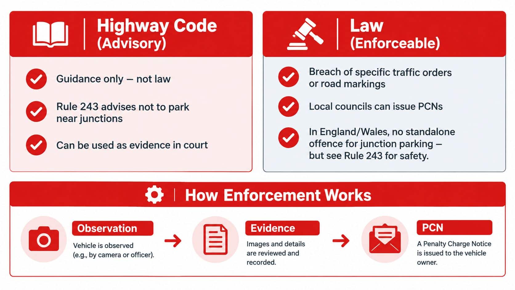 An infographic explaining the legal status of Highway Code versus enforceable law regarding parking near junctions.