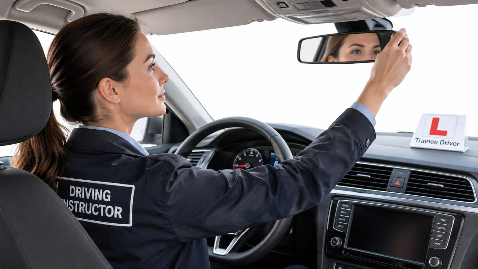 A professional female driving instructor adjusting the rearview mirror of a car during a training lesson.