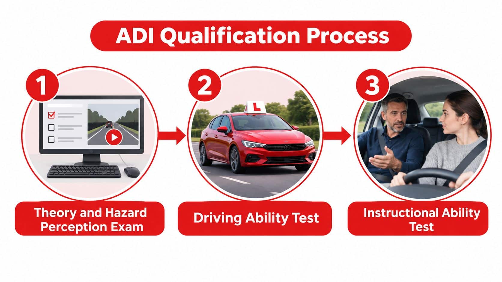 A graphic diagram illustrating the three steps of the ADI qualification process for becoming a driving instructor.
