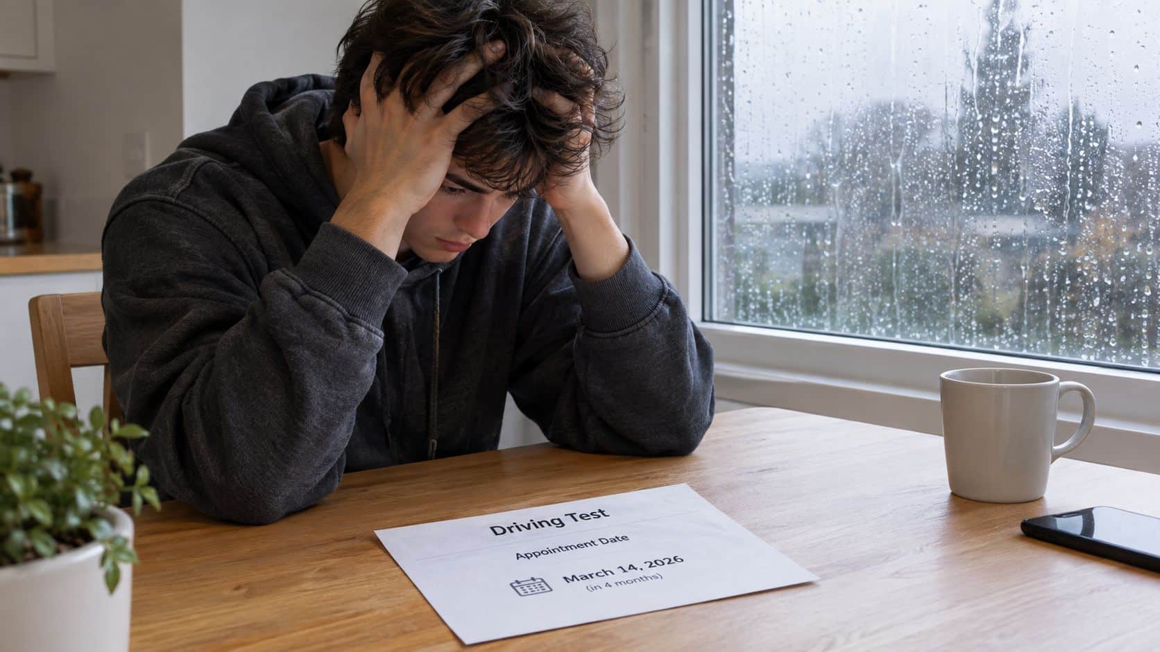 A distressed young man sits at a wooden table looking down at a paper document for his driving test.